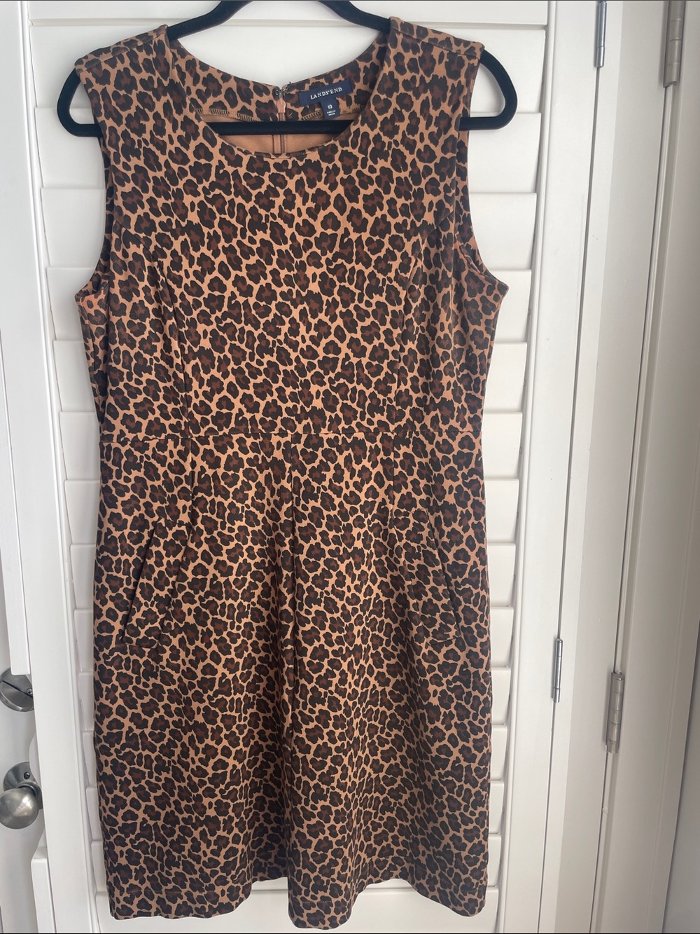 Lands' End Leopard Print Sleeveless Stretch A-Line Dress with pockets